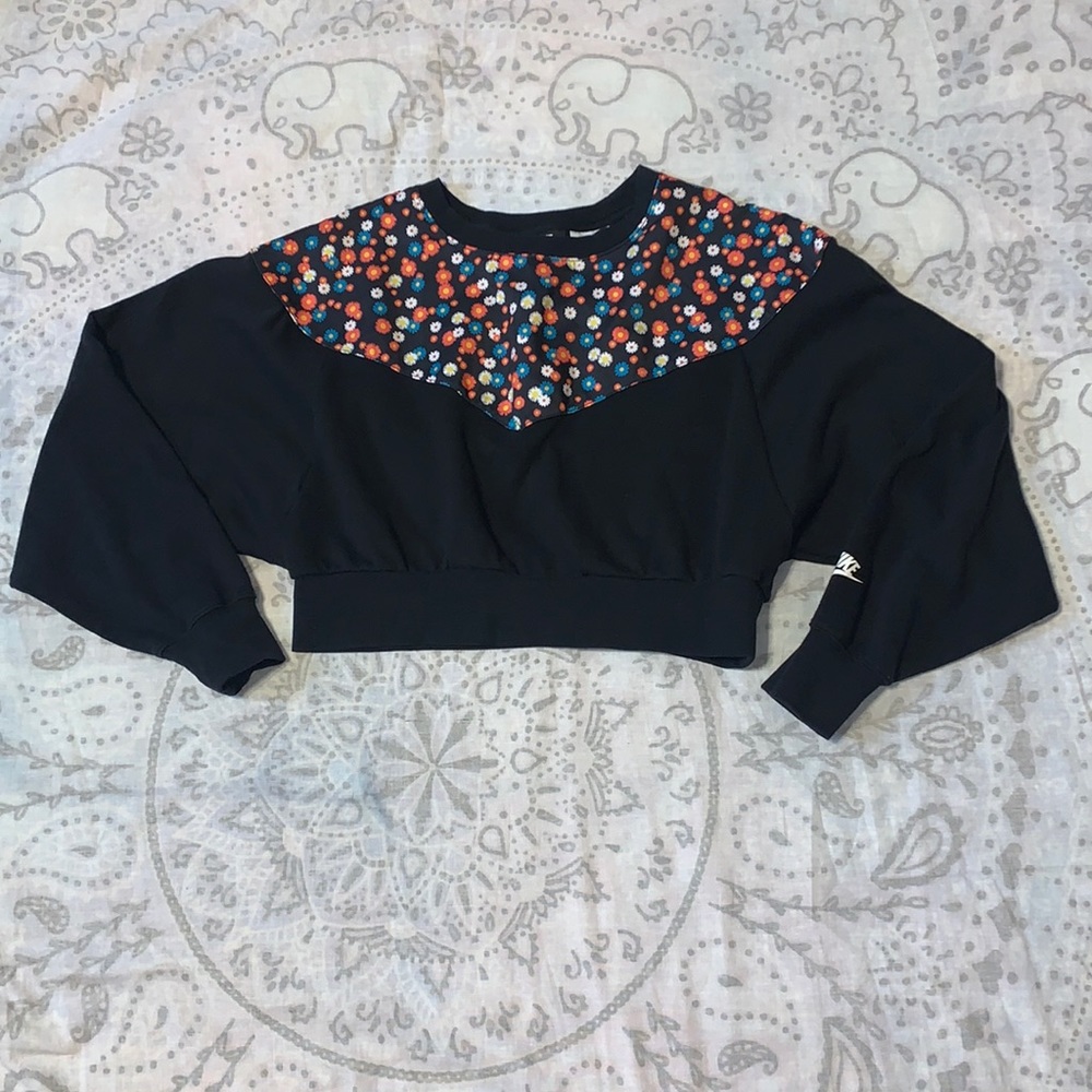 Nike Heritage Floral Print Crew Neck Crop Black Pullover Sz Small